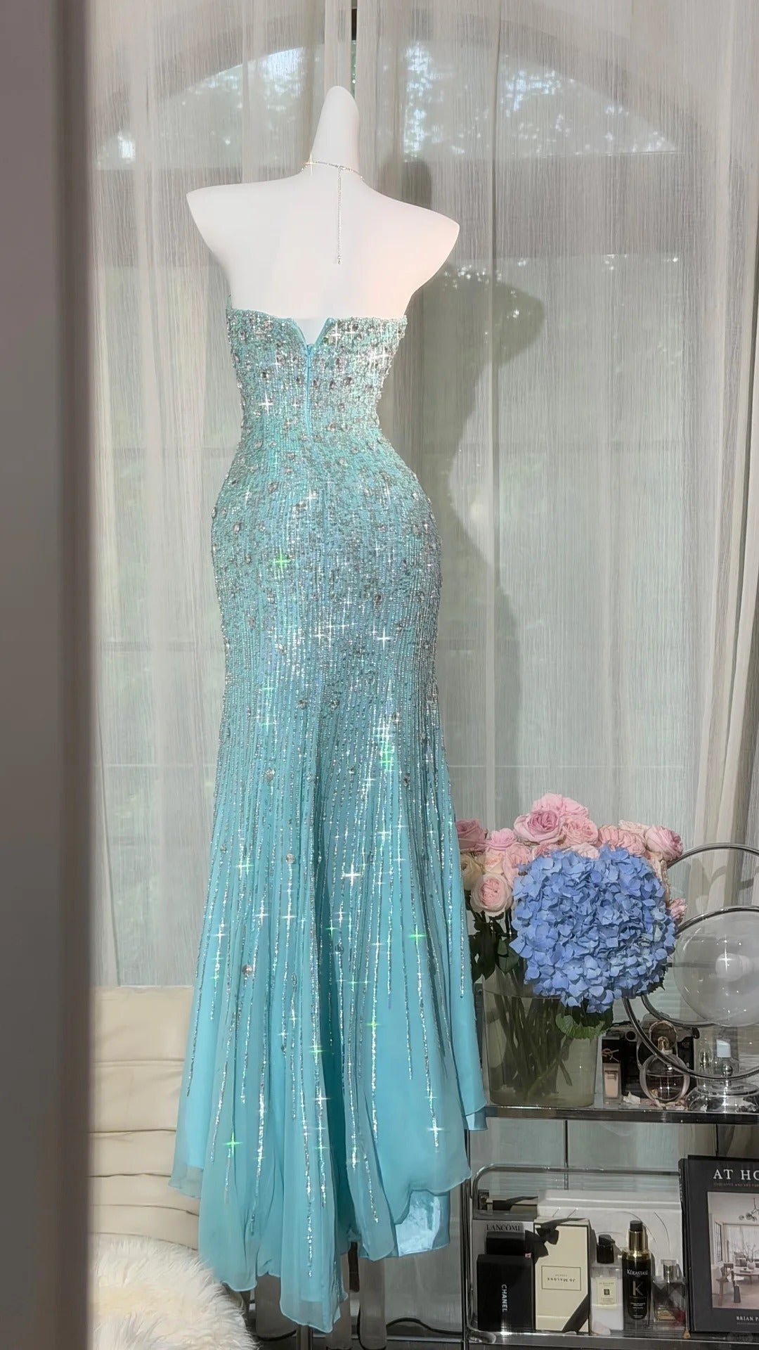 Elegant Sheath Sweetheart Blue Evening Dress Beaded Satin Prom Dress MD465