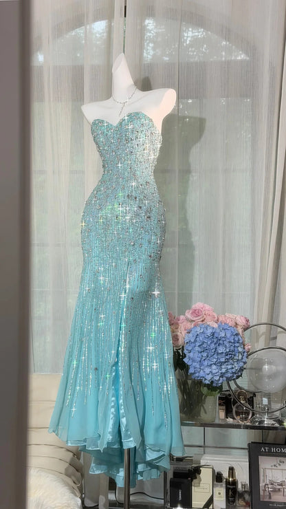 Elegant Sheath Sweetheart Blue Evening Dress Beaded Satin Prom Dress MD465