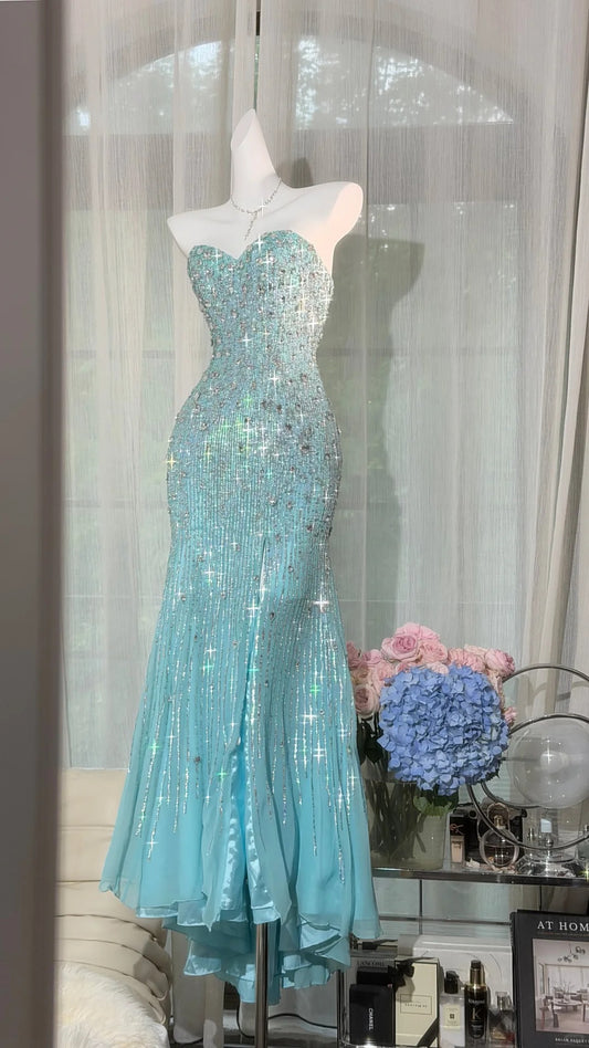 Elegant Sheath Sweetheart Blue Evening Dress Beaded Satin Prom Dress MD465