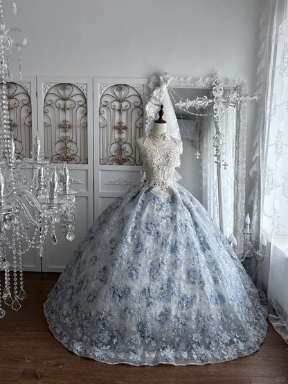 Elegant Ball Gown Off-the-Shoulder Blue Evening Dress Sequins Lace Prom Dress MD466