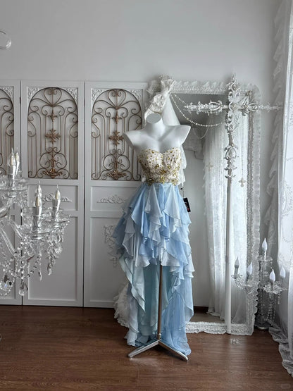Elegant Sheath Sweetheart Blue Evening Dress Cascade Pleated Tulle Prom Dress MD468