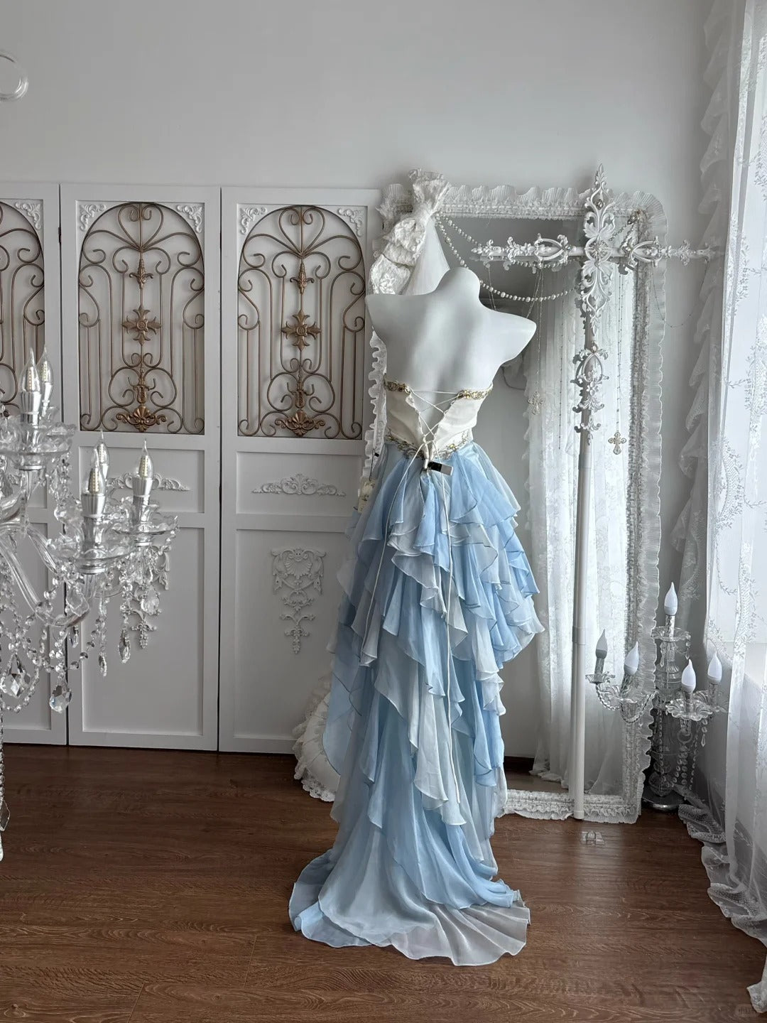 Elegant Sheath Sweetheart Blue Evening Dress Cascade Pleated Tulle Prom Dress MD468