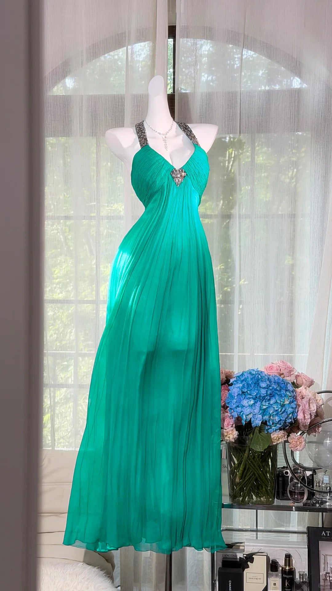 Elegant Sheath Halter Neck Blue Evening Dress Tulle Prom Dress MD471
