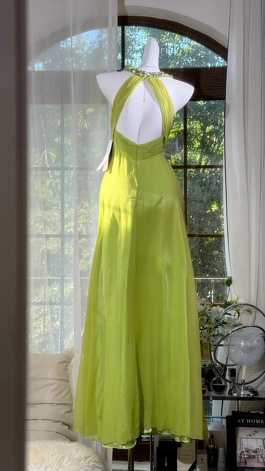 Elegant Sheath Halter Neck Green Evening Dress Pleated Tulle Prom Dress MD472