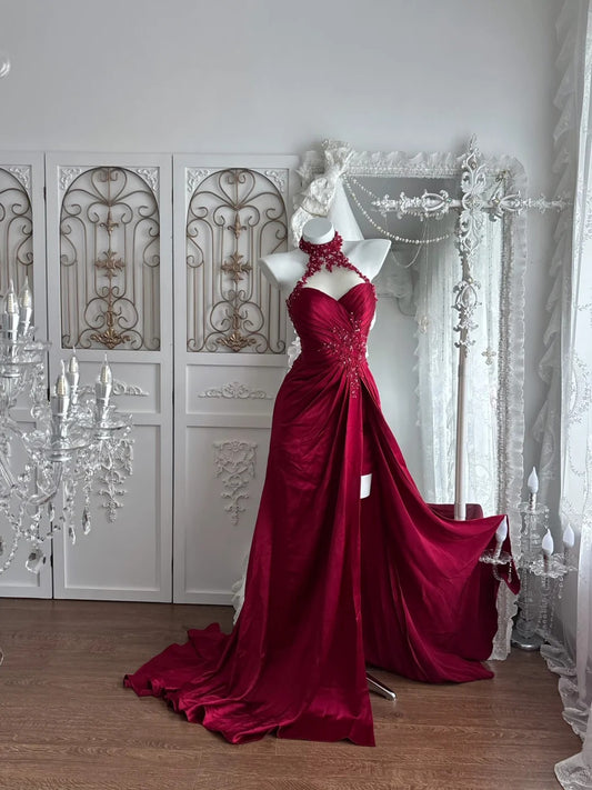 Elegant Sheath Halter Neck Red Evening Dress Beaded High Slit Satin Prom Dress MD473