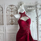 Elegant Sheath Halter Neck Red Evening Dress Beaded High Slit Satin Prom Dress MD473