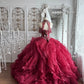 Elegant Ball Gown Halter Neck Red Evening Dress Beaded Cascade Pleated Tulle Prom Dress MD474