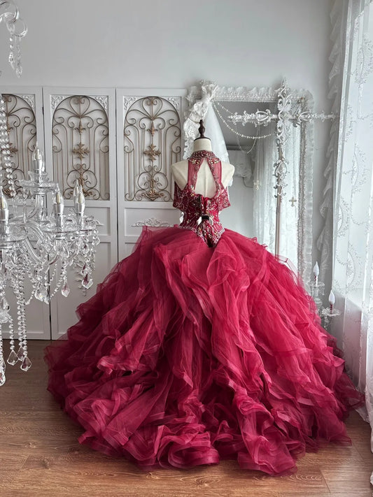Elegant Ball Gown Halter Neck Red Evening Dress Beaded Cascade Pleated Tulle Prom Dress MD474
