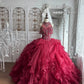 Elegant Ball Gown Halter Neck Red Evening Dress Beaded Cascade Pleated Tulle Prom Dress MD474