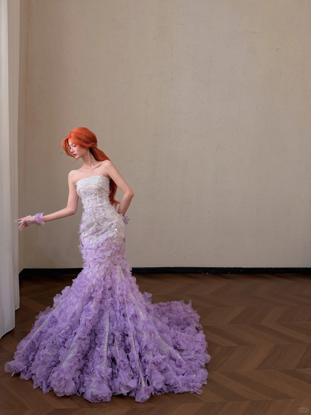 Elegant Mermaid Strapless Neck Purple Evening Dress 3D organza petals Beaded Tulle Prom Dress MD475