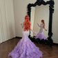 Elegant Mermaid Strapless Neck Purple Evening Dress 3D organza petals Beaded Tulle Prom Dress MD475