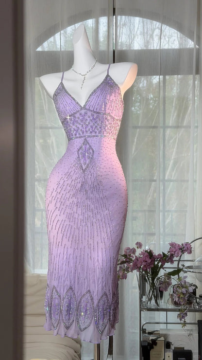 Elegant Sheath V Neck Pink Evening Dress Beaded Chiffon Prom Dress MD477
