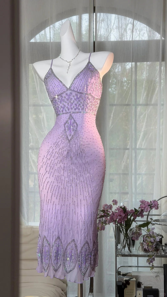 Elegant Sheath V Neck Pink Evening Dress Beaded Chiffon Prom Dress MD477