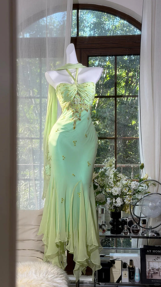 Elegant Sheath Halter Neck Green Evening Dress Beaded Tulle Prom Dress MD478