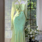 Elegant Sheath Halter Neck Green Evening Dress Beaded Tulle Prom Dress MD478