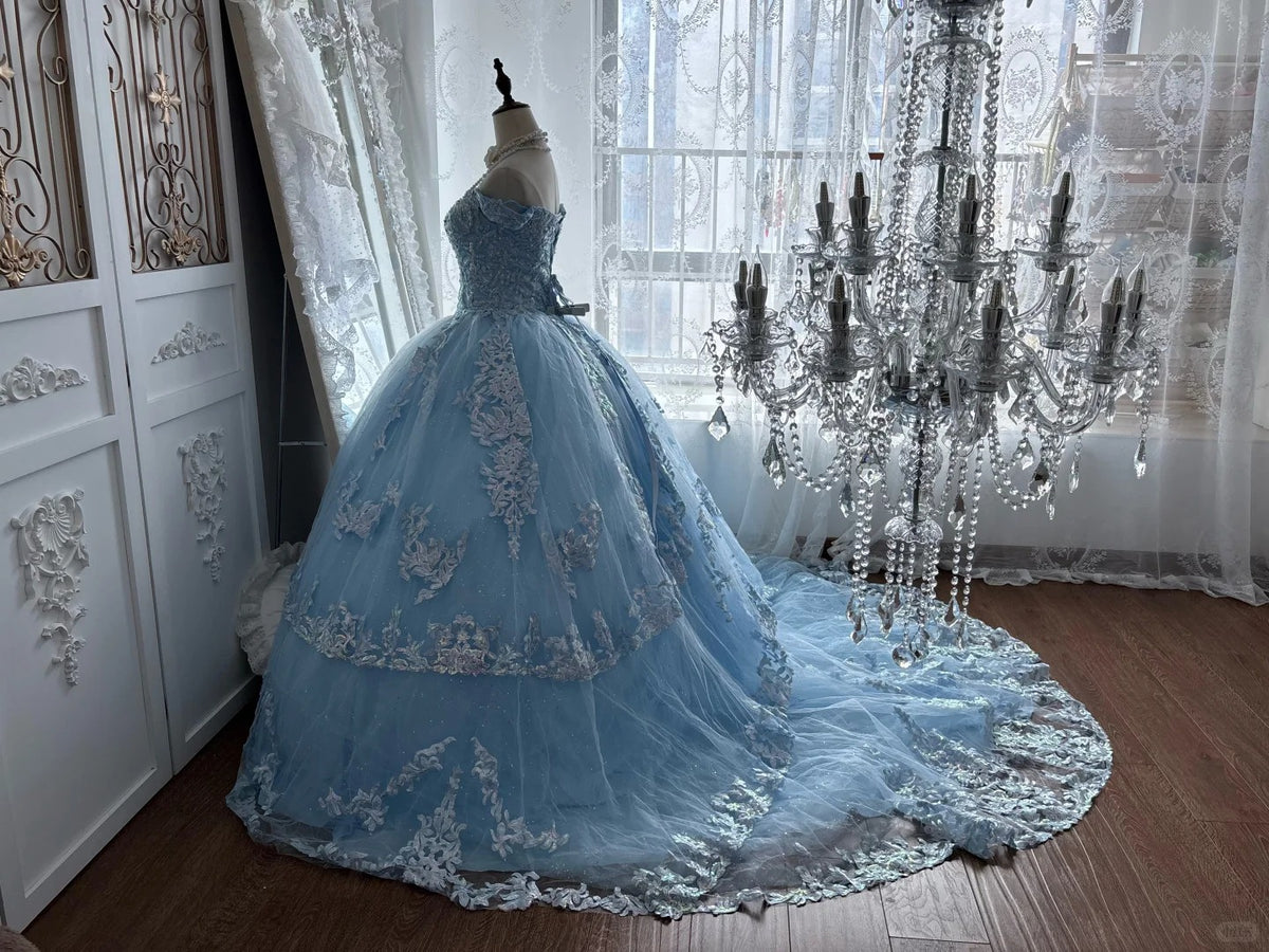 Elegant Ball Gown Strapless Neck Blue Evening Dress Sequins Tulle Prom Dress MD480
