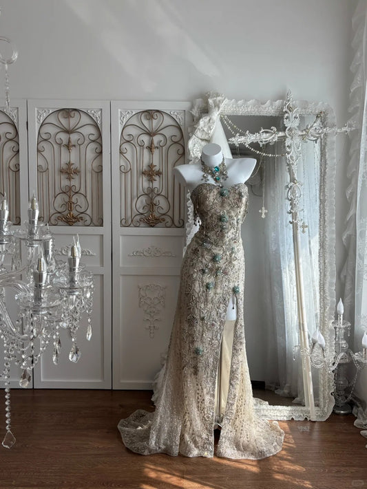Elegant Sheath Strapless Neck Champagne Evening Dress Beaded High Slit Tulle Prom Dress MD481