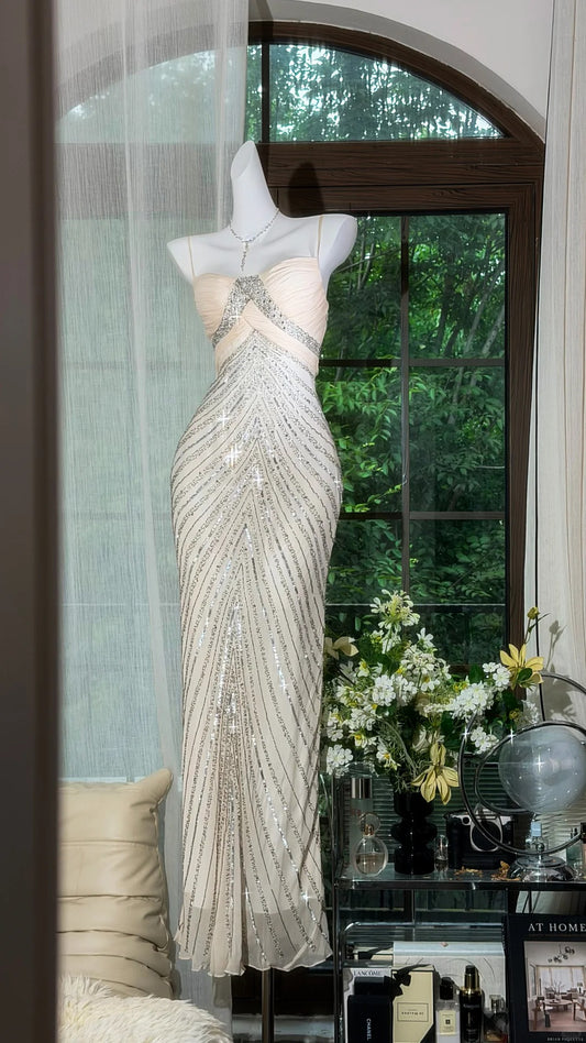 Elegant Sheath Spaghetti Straps Neck Long Wedding Dress Sequins Chiffon Champagne Prom Dress MD483