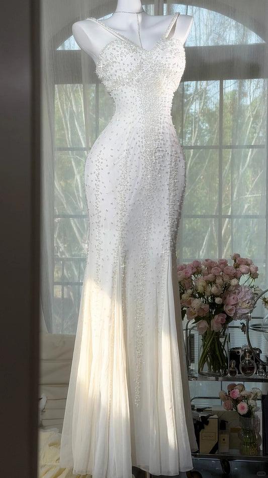 Elegant A-line Strapless Neck Long Wedding Dress Beaded Tulle White Prom Dress MD482