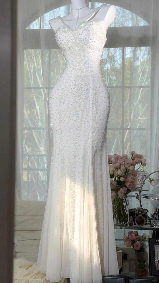 Elegant A-line Strapless Neck Long Wedding Dress Beaded Tulle White Prom Dress MD482