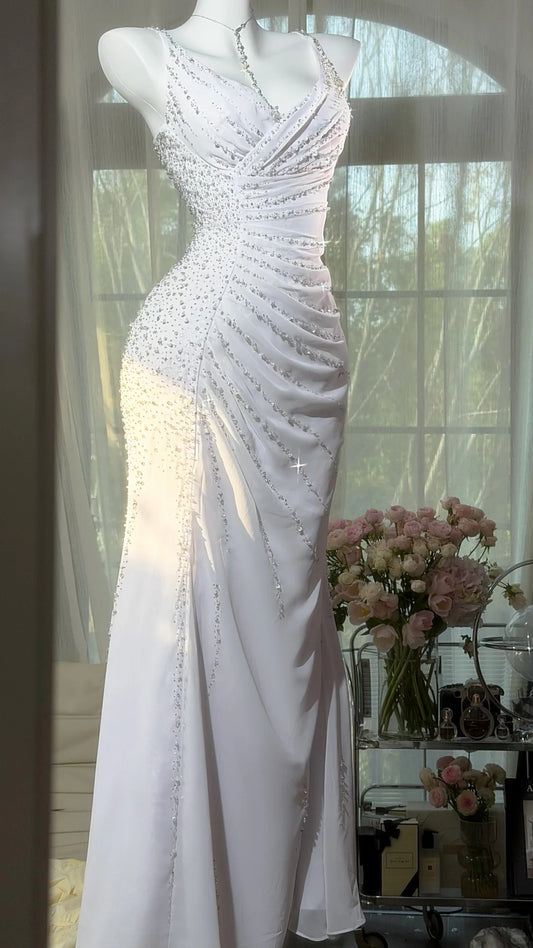 Elegant Sheath Spaghetti Straps Neck Long Wedding Dress beaded Tulle White Prom Dress MD484
