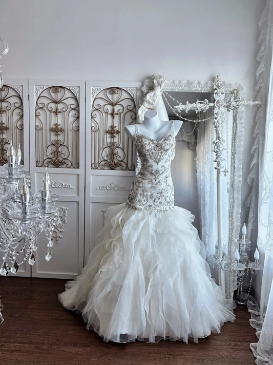 Elegant Mermaid Spaghetti Straps Neck Long Wedding Dress Beaded Tulle White Prom Dress MD486