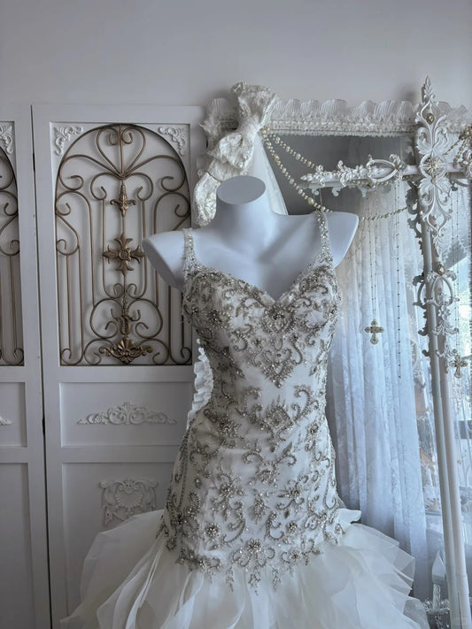 Elegant Mermaid Spaghetti Straps Neck Long Wedding Dress Beaded Tulle White Prom Dress MD486