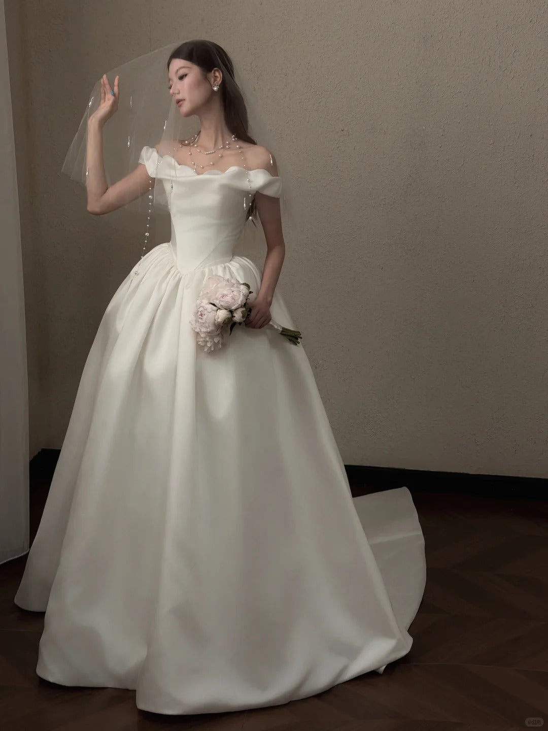 Elegant A-line Off-the-Shoulder Long Wedding Dress Satin White Prom Dress MD488