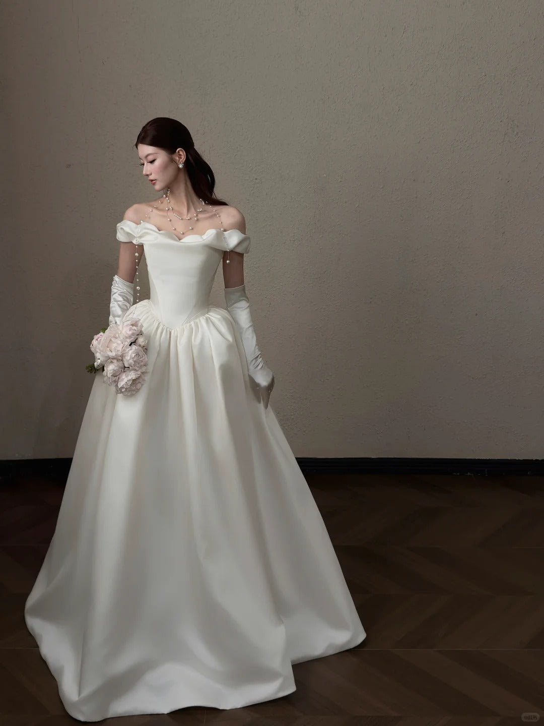 Elegant A-line Off-the-Shoulder Long Wedding Dress Satin White Prom Dress MD488