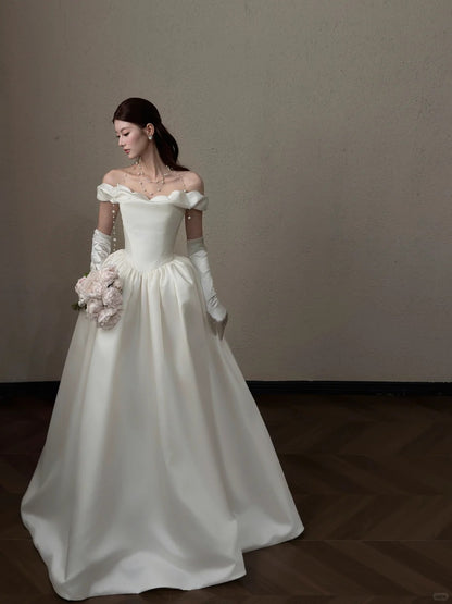 Elegant A-line Off-the-Shoulder Long Wedding Dress Satin White Prom Dress MD488
