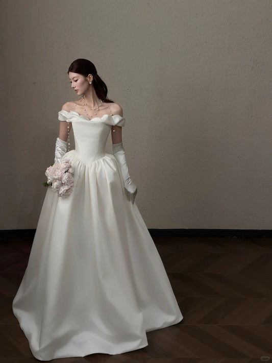 Elegant A-line Off-the-Shoulder Long Wedding Dress Satin White Prom Dress MD488