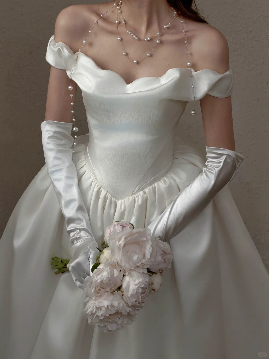 Elegant A-line Off-the-Shoulder Long Wedding Dress Satin White Prom Dress MD488
