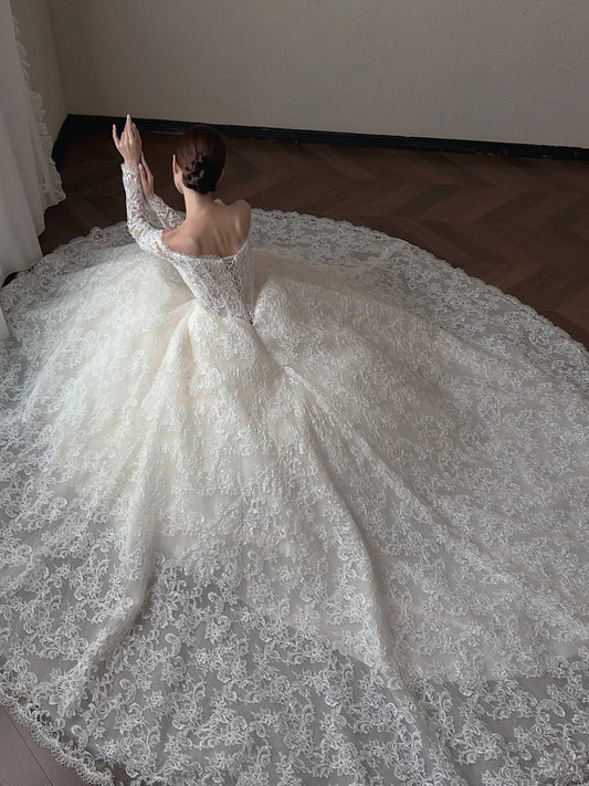 Elegant Ball Gown Off-the-Shoulder Long Wedding Dress Lace White Prom Dress MD489