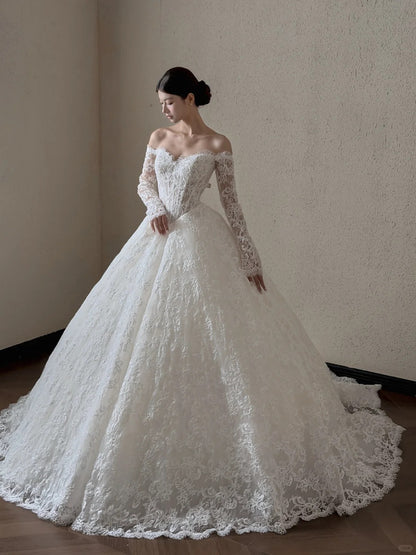 Elegant Ball Gown Off-the-Shoulder Long Wedding Dress Lace White Prom Dress MD489