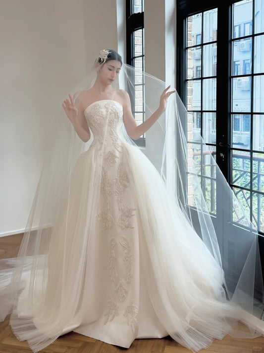 Elegant A-line Strapless Long Wedding Dress Embroidered Satin White Prom Dress MD491