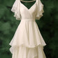 White Chiffon High Low Layers V-neckline Wedding Party Dress, Chiffon Evening Dress MD492