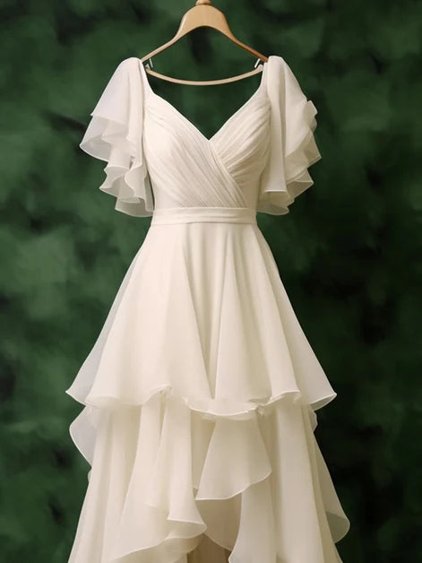 White Chiffon High Low Layers V-neckline Wedding Party Dress, Chiffon Evening Dress MD492