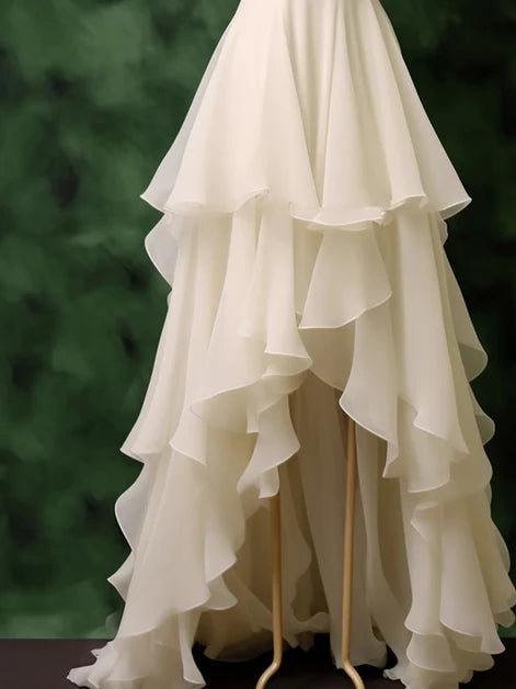 White Chiffon High Low Layers V-neckline Wedding Party Dress, Chiffon Evening Dress MD492