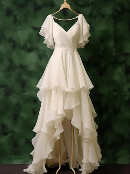 White Chiffon High Low Layers V-neckline Wedding Party Dress, Chiffon Evening Dress MD492