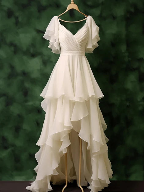White Chiffon High Low Layers V-neckline Wedding Party Dress, Chiffon Evening Dress MD492