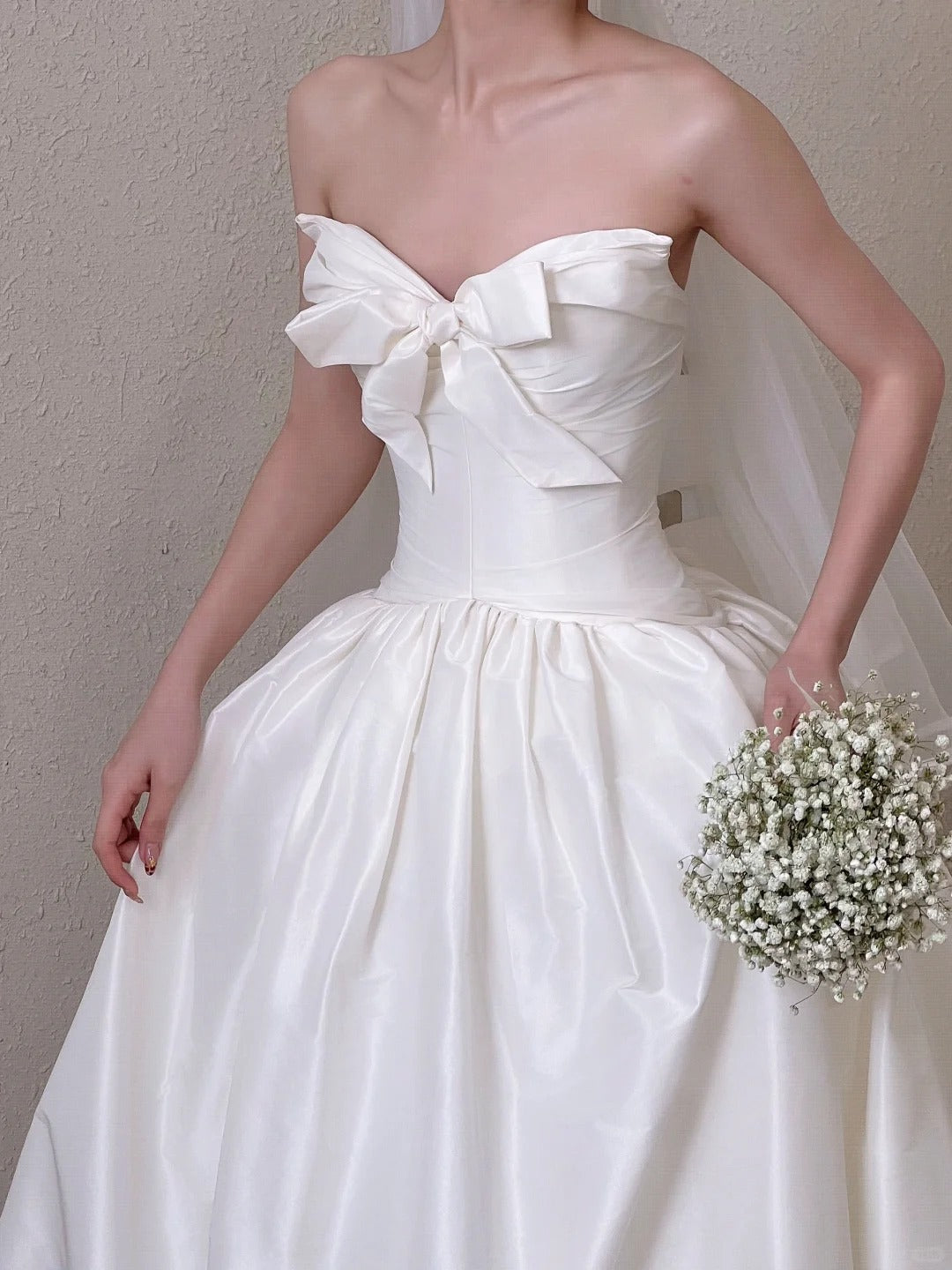 Elegant A-line Strapless Long Wedding Dress Satin White Prom Dress MD494