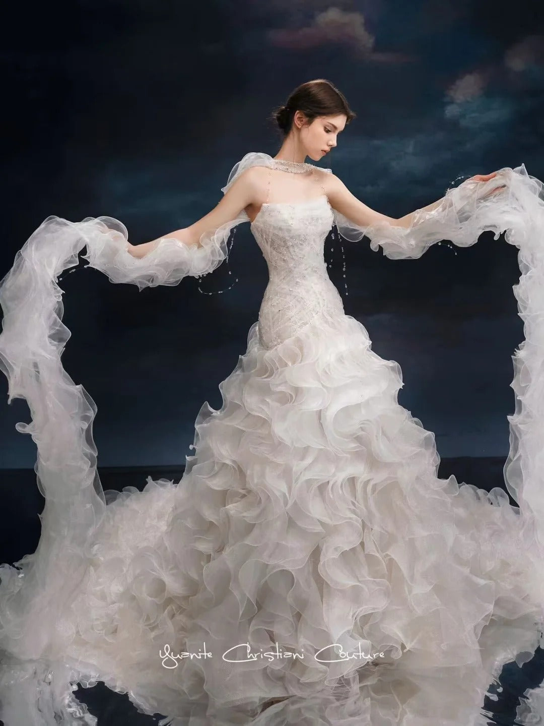 Elegant Sheath Strapless Long Wedding Dress Pleated Tulle White Prom Dress MD496