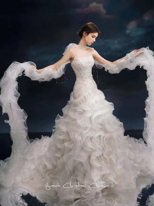 Elegant Sheath Strapless Long Wedding Dress Pleated Tulle White Prom Dress MD496
