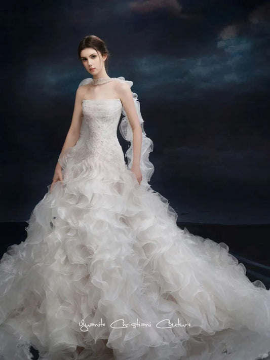 Elegant Sheath Strapless Long Wedding Dress Pleated Tulle White Prom Dress MD496
