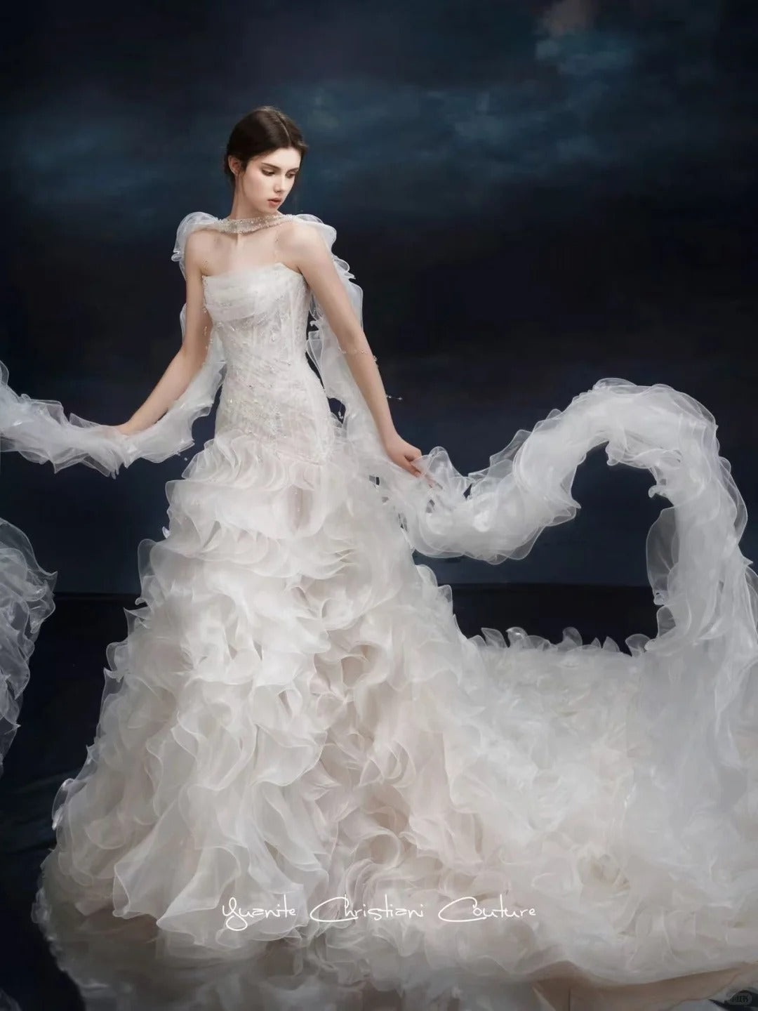 Elegant Sheath Strapless Long Wedding Dress Pleated Tulle White Prom Dress MD496