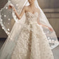 Elegant A-line Sweetheart Long Wedding Dress 3D fabric appliqué Tulle White Prom Dress MD497