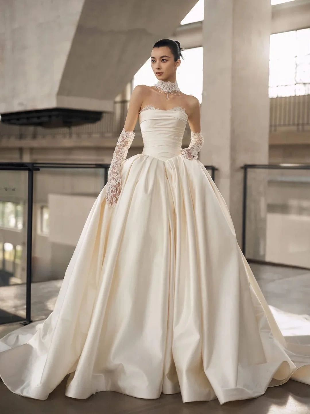 Elegant A-line Off-the-Shoulder Long Wedding Dress Satin White Prom Dress MD498