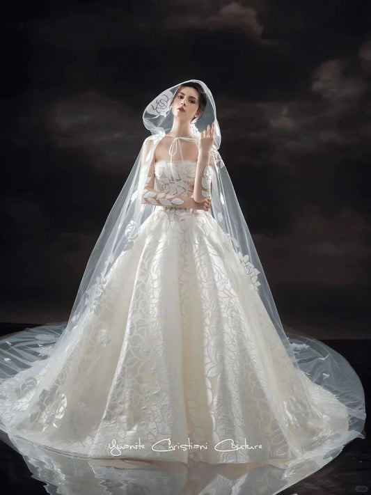 Elegant A-line Strapless Long Wedding Dress 3D appliqué Satin White Prom Dress MD500