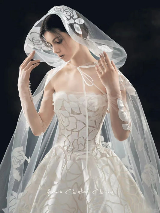 Elegant A-line Strapless Long Wedding Dress 3D appliqué Satin White Prom Dress MD500
