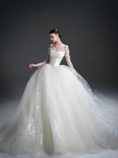 Elegant Ball Gown Strapless Long Wedding Dress Tulle White Prom Dress MD503